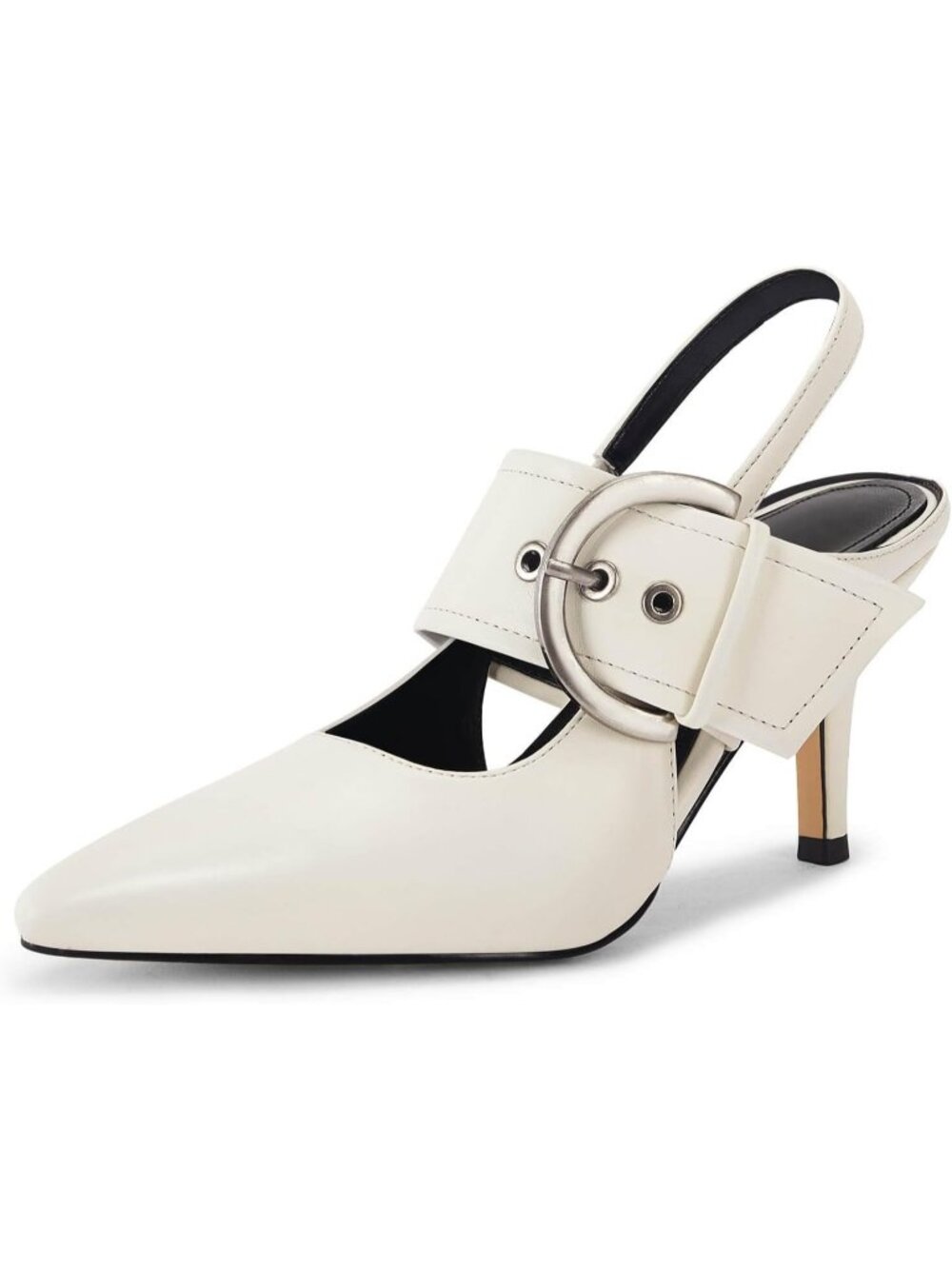 Women's Beige Slingback High Heels Closed Pointed Toe Belt Buckle Strap Shoes